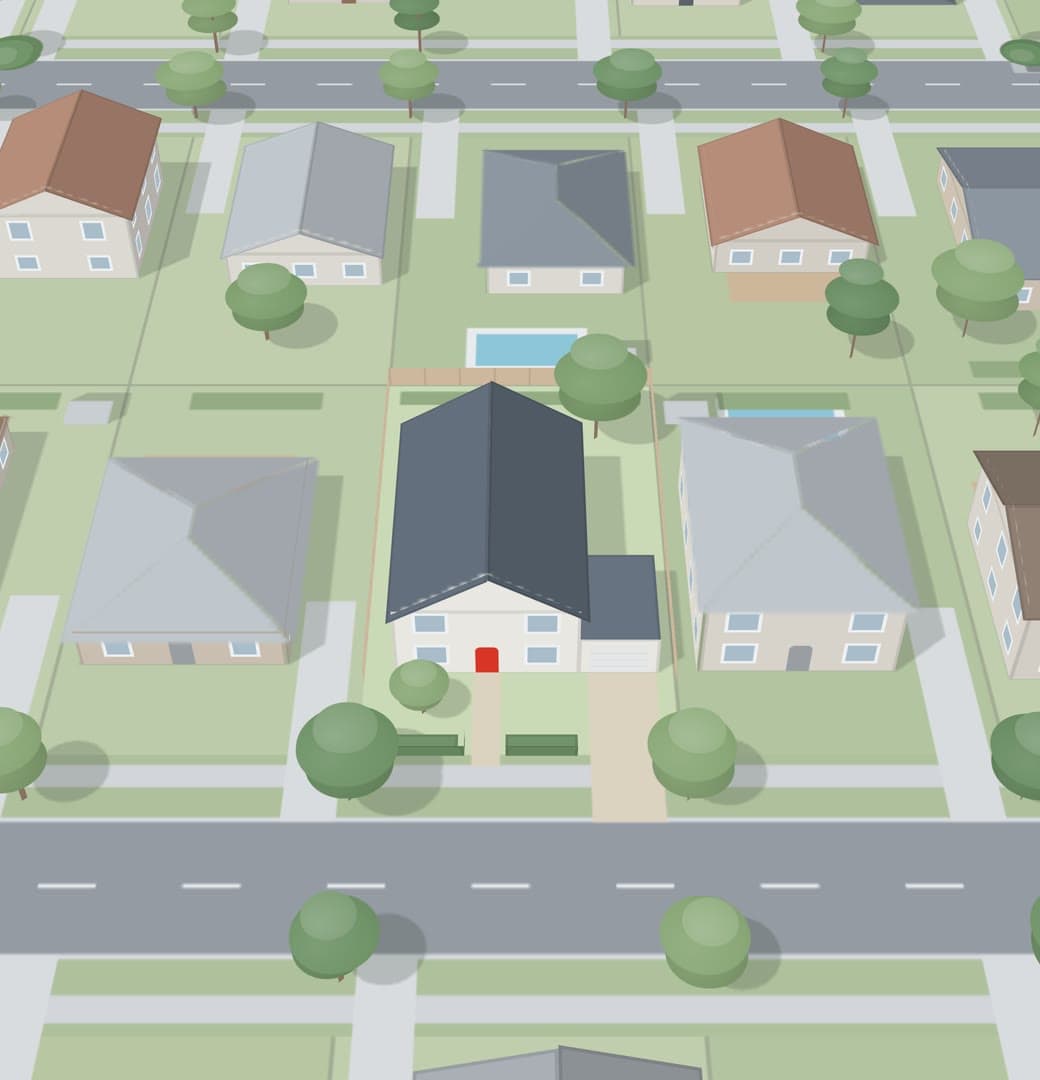The aerial tool's 3D preview of the street, framing the house